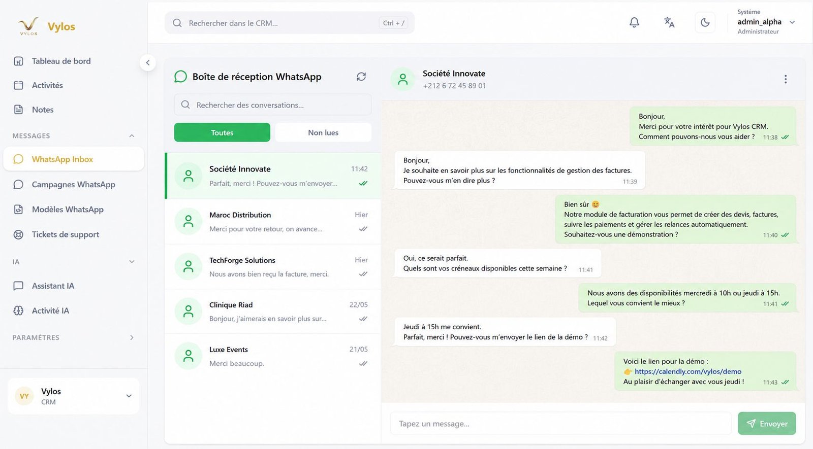 Shared WhatsApp inbox in ImmoSync 360: conversation list and chat thread